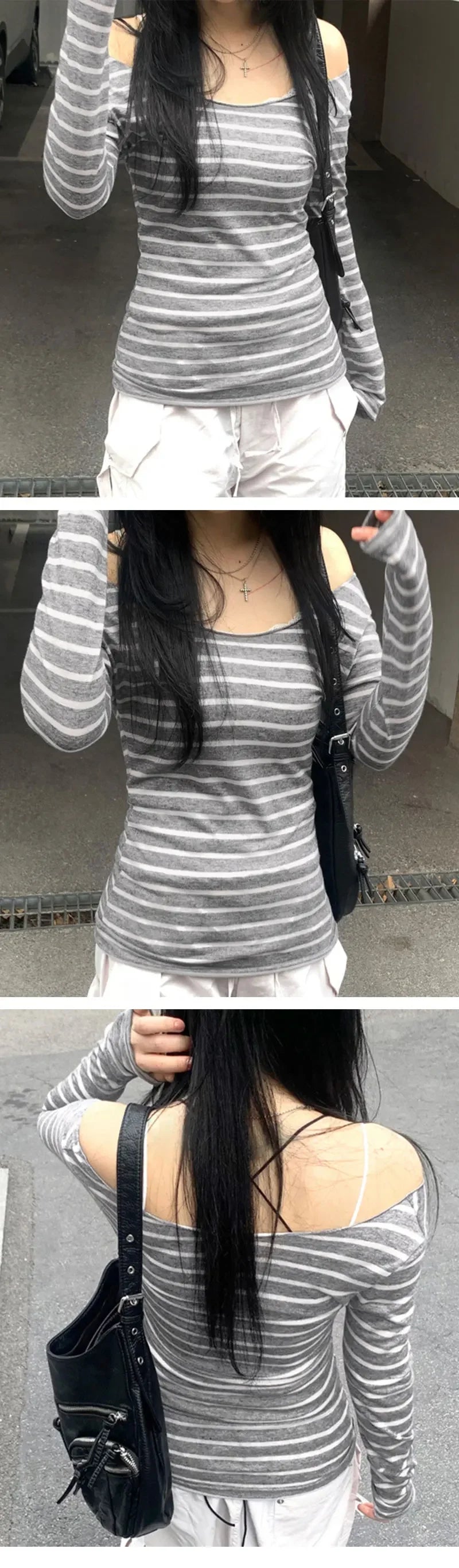 Spring Fall Women's New Basic Models Slim Long-Sleeved Striped t-Shirt Strapless Street Style y2k Thin Tops