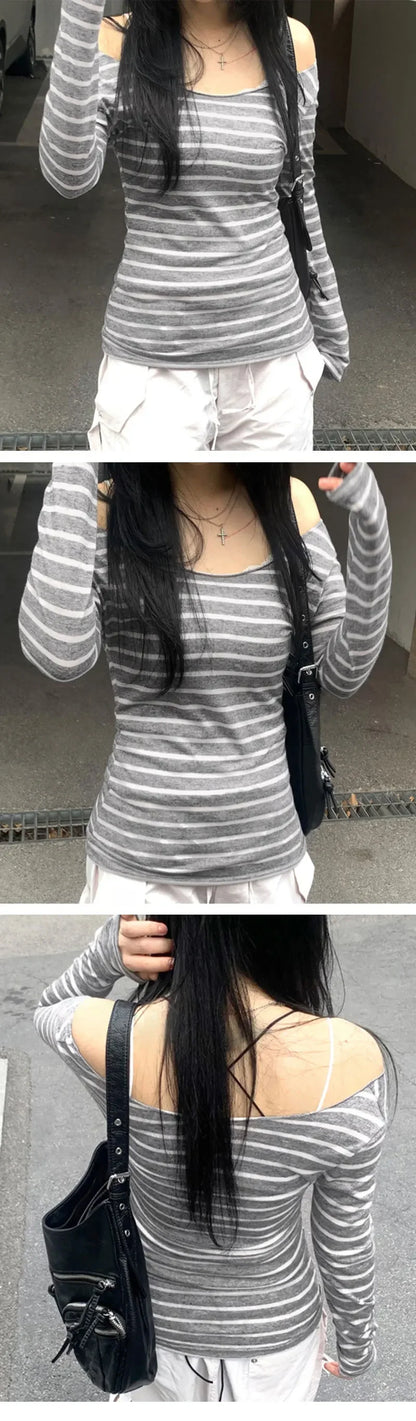 Spring Fall Women's New Basic Models Slim Long-Sleeved Striped t-Shirt Strapless Street Style y2k Thin Tops