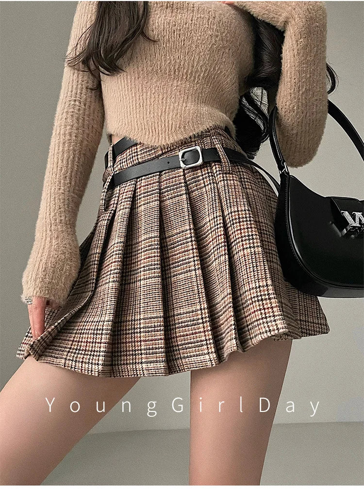 WOMENGAGA Preppy Style High Waist Slim Double Belt Slip Plaid Pleated Skirt Fashion Sexy Korean Women JK Skirts Sweet X8WN