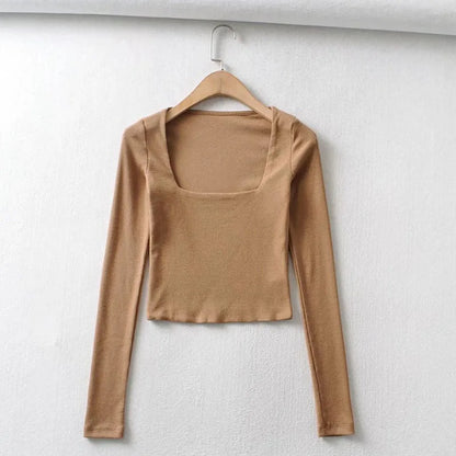 Women's Ribbed Square-Neck Long-Sleeve Crop Top