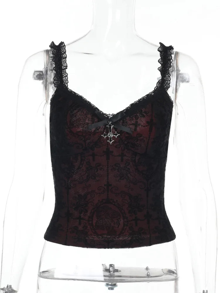 Mall Gothic Spaghetti Strap Tanks Top Hot Sexy V-neck Lace Patchwork Camisole Basic Slim Vests Summer Techwear Women