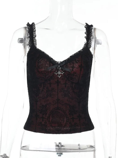 Mall Gothic Spaghetti Strap Tanks Top Hot Sexy V-neck Lace Patchwork Camisole Basic Slim Vests Summer Techwear Women