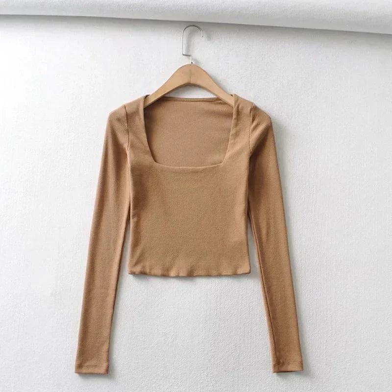 Women's Ribbed Square-Neck Long-Sleeve Crop Top