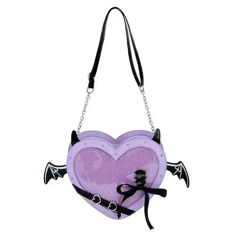 Heart Devil Wings Punk Itabags Belt Buckle Gothic Shoulder Pain Bag PU Leather Y2k Display Chain Crossbody Bag Cosplay Bag Girls