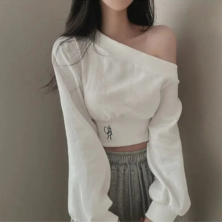 Slim Fit Long Sleeve Hoodie Women's Style Irregular Collar Show Shoulder Waist Cinching Short Length Commute Fashion  Color