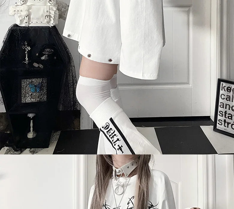 Original Print Subculture Dark Loose Long Sleeve Pure Cotton T-Shirt Japanese Punk Gothic Long Sleeve Round Neck Cool Girl Top