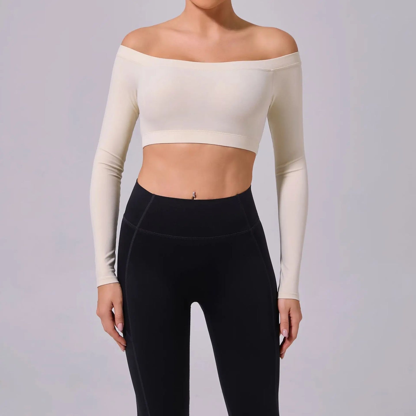 Fashion Long Sleeve Slash Neck Sports Top Women Crop Top for Fitness Yoga Wear Fashion Sports Short T-shirt Gym Workout Shirt