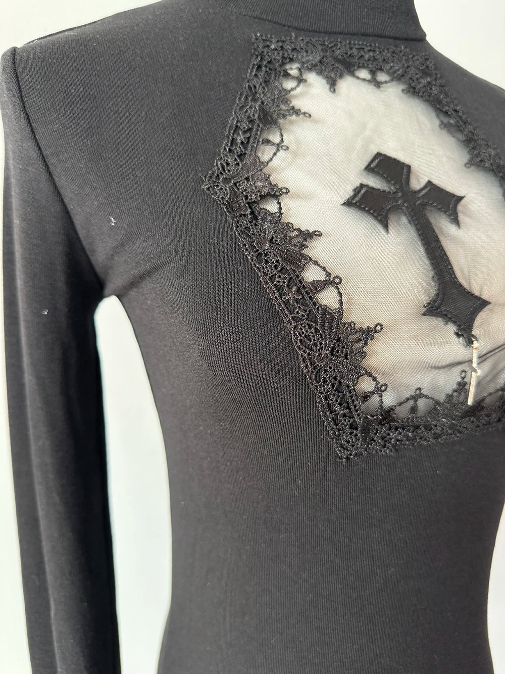 High Neck Dark Gothic Cross Hollow Slimming Bottom Knitted Shirt for Women Halloween Costume Long Sleeve Sexy T-shirt Women Tops