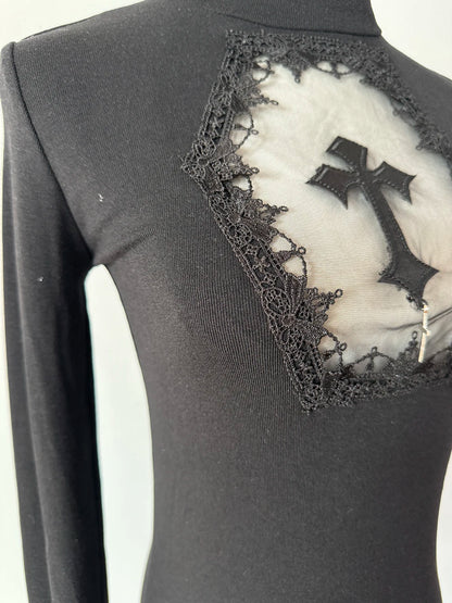 High Neck Dark Gothic Cross Hollow Slimming Bottom Knitted Shirt for Women Halloween Costume Long Sleeve Sexy T-shirt Women Tops