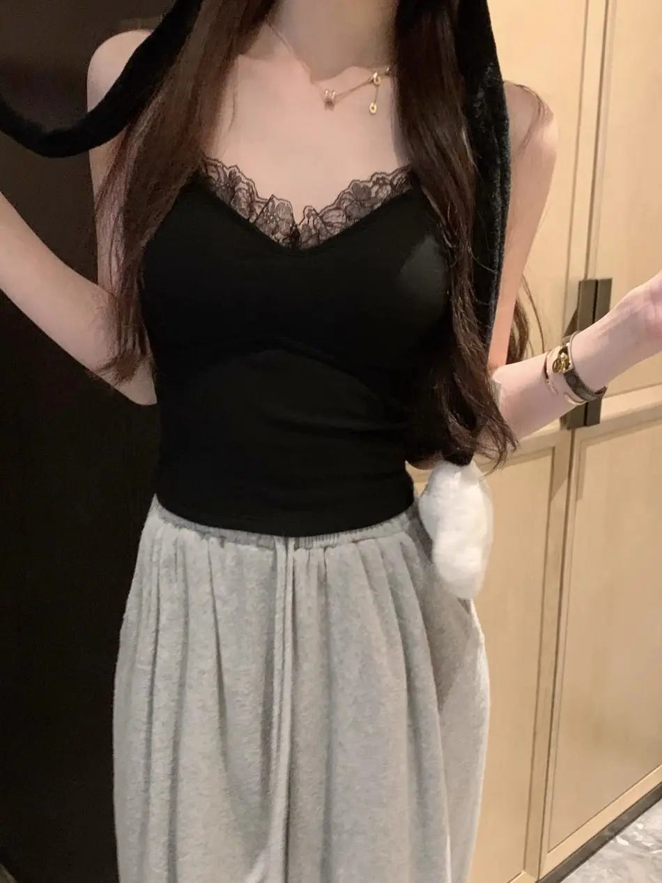 Lace Tank Top Women Cute Camis Sexy White Cropped Camisole Female Korean Sleeveless Black Vest Summer 2025 Coquette Y2k Clothes
