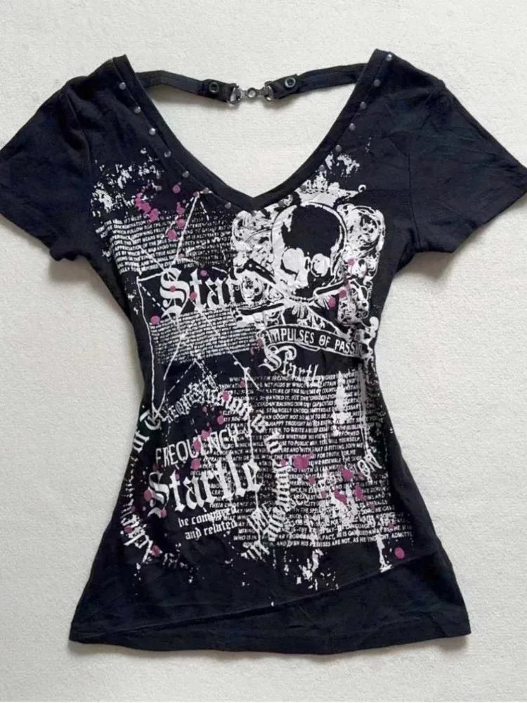 American Retro Fake Two Piece T-shirts Off Shoulder Short Sleeve Y2k Slim Fit Top Tee Skull Print Harajuku Streetwear 2026