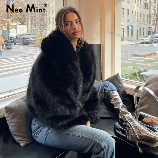 Women's Vintage Streetwear Faux Fur Black Jacket
