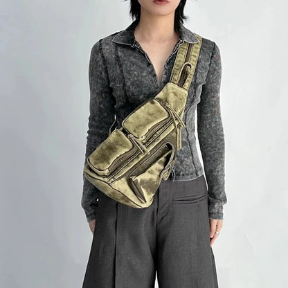 Annmouler Designer Backpacks for Women Soft Washed Letaher Sling Chest Bag Vintage Multi-pockets Punk Style Small Bag