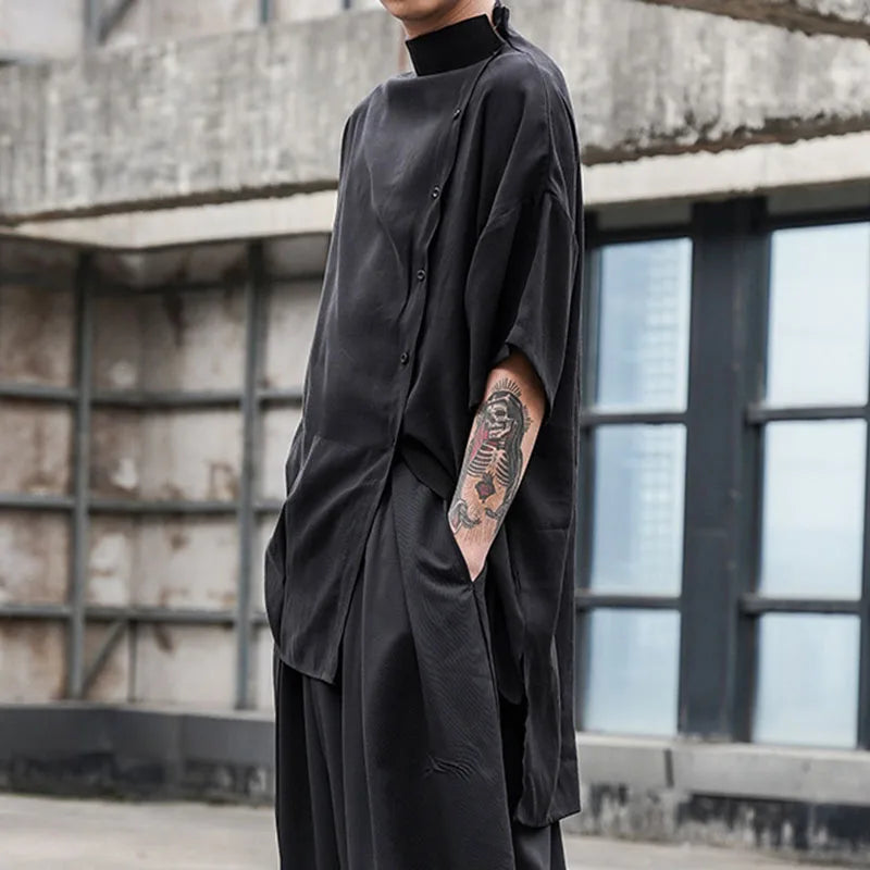 Japanese Stylish Retro Harajuku Button Blouses Men's Five-point Sleeve Small Stand Collar Loose Large Size Korean Shirt