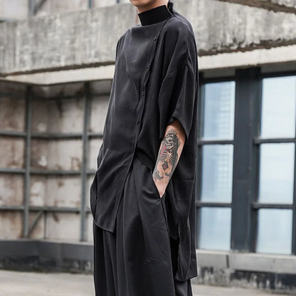 Japanese Stylish Retro Harajuku Button Blouses Men's Five-point Sleeve Small Stand Collar Loose Large Size Korean Shirt
