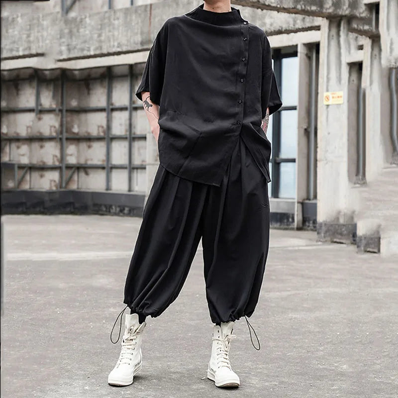 Japanese Stylish Retro Harajuku Button Blouses Men's Five-point Sleeve Small Stand Collar Loose Large Size Korean Shirt