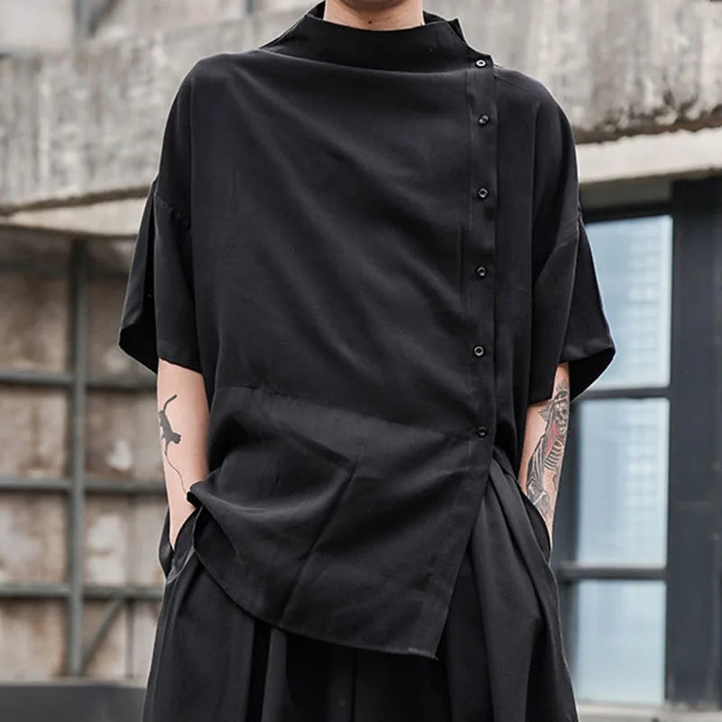Japanese Stylish Retro Harajuku Button Blouses Men's Five-point Sleeve Small Stand Collar Loose Large Size Korean Shirt