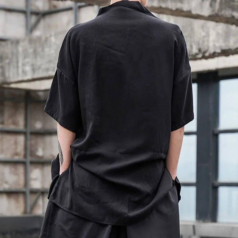 Japanese Stylish Retro Harajuku Button Blouses Men's Five-point Sleeve Small Stand Collar Loose Large Size Korean Shirt